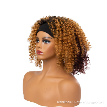 Wholesale Short Synthetic Kinky Curly Ombre Golden Blone To Brownish Red Hair Wigs With Headband For Women